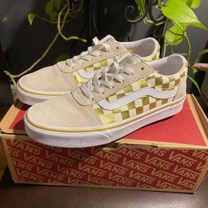 Cream Suede and Gold Metallic Checkered VANS